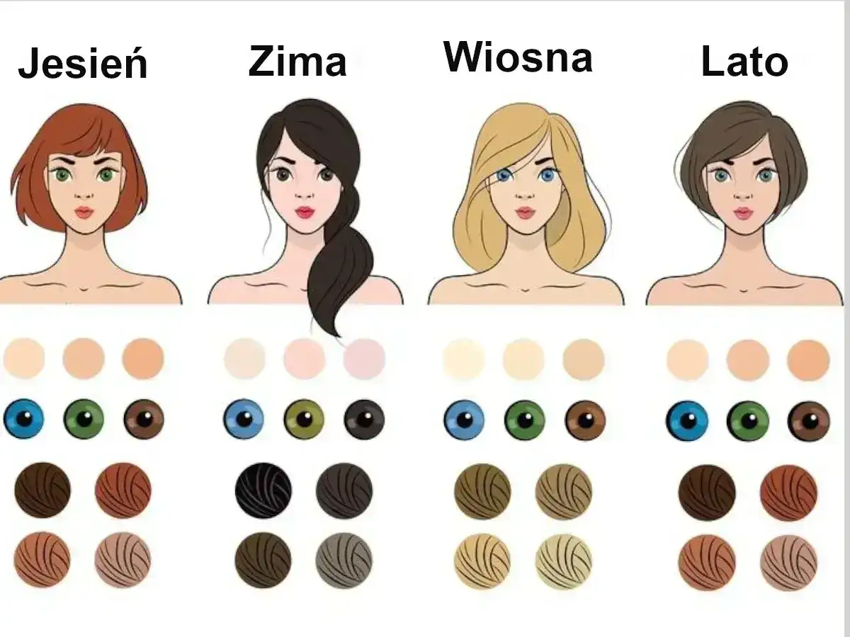 Ilustracja porównuje cztery typy urody: Jesień, Zima, Wiosna i Lato. Typ urody lato charakteryzuje się jasną cerą, niebieskimi lub zielonymi oczami i jasnymi włosami.