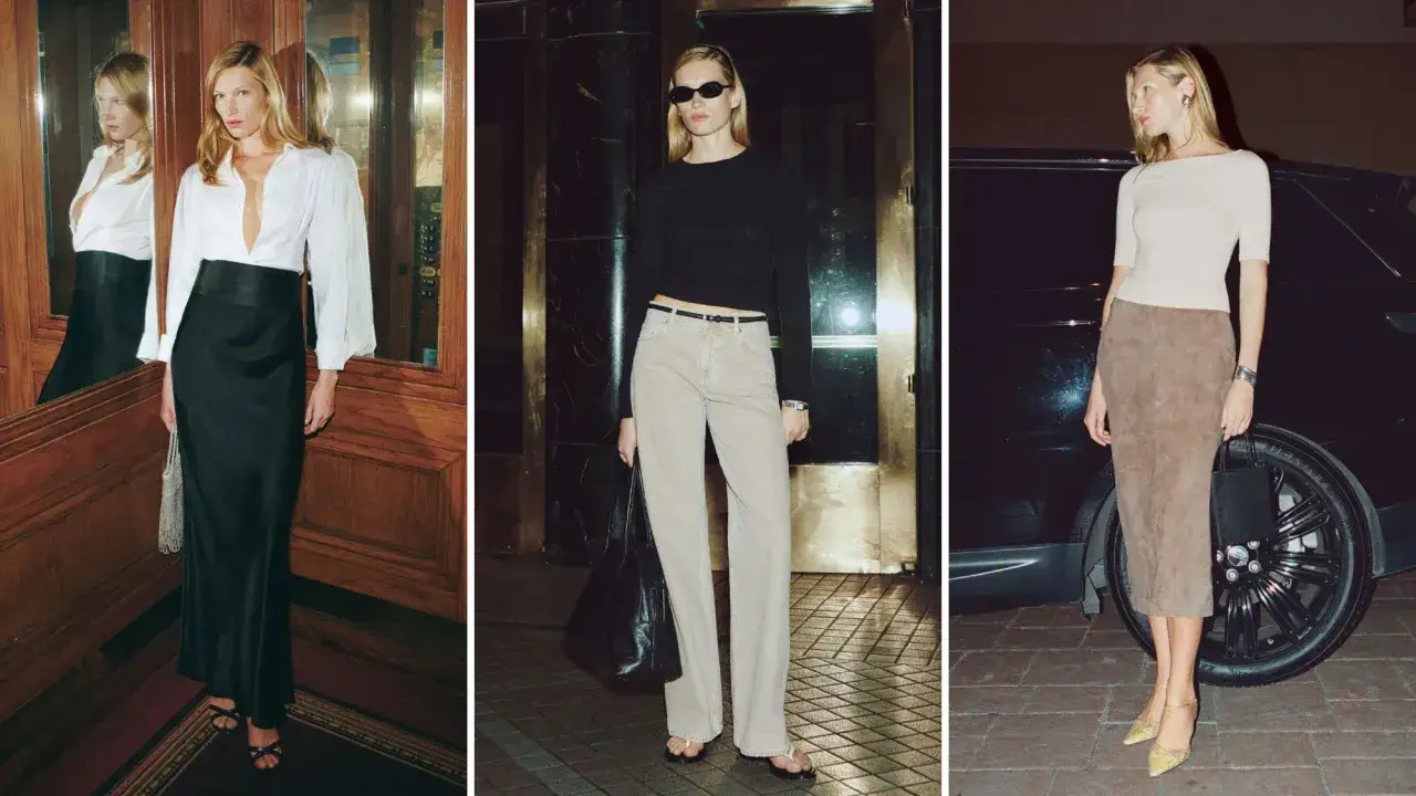 Eleganckie stylizacje w stylu Carolyn Bessette: biała koszula i czarna spódnica, czarny top i beżowe spodnie, beżowy top i brązowa spódnica.