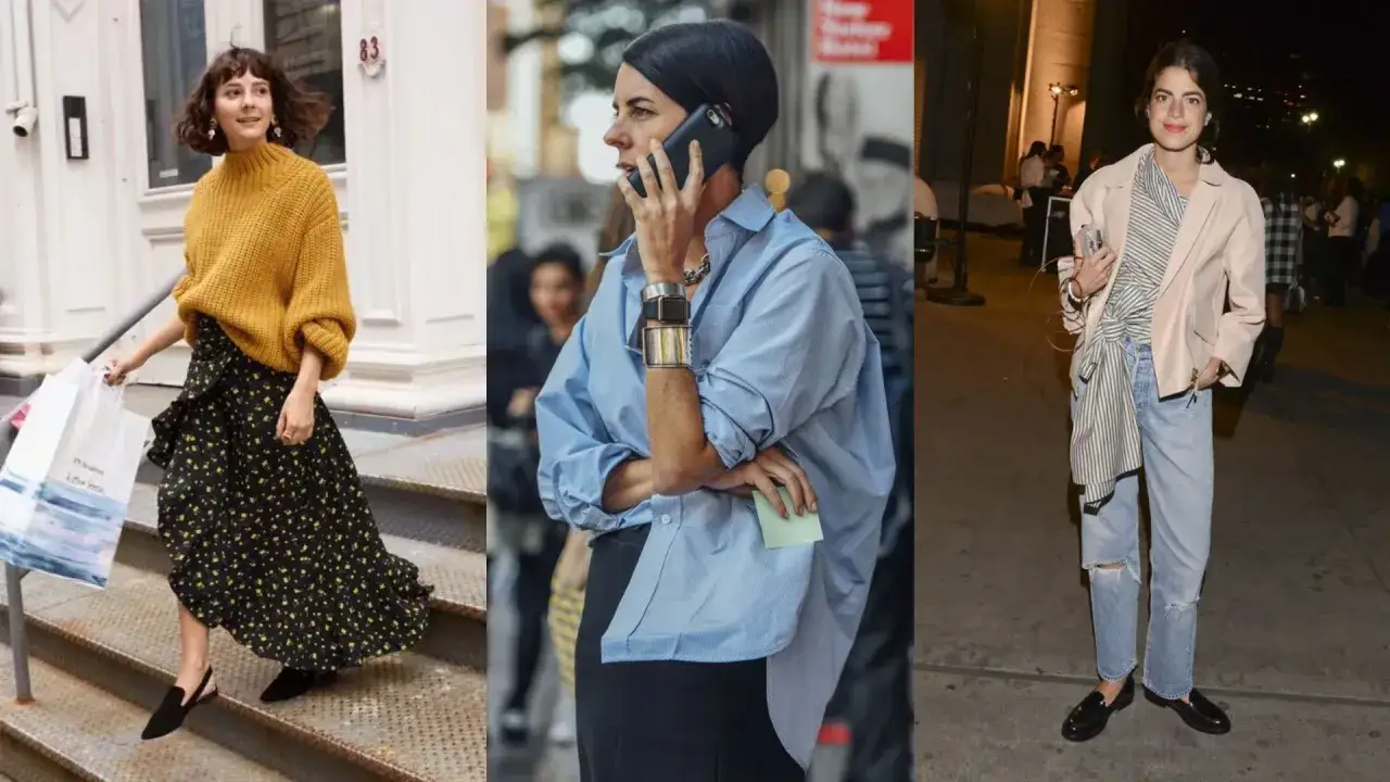 Stylizacje kobiet: żółty sweter i spódnica w groszki, błękitna koszula i czarna spódnica, różowa marynarka i jeansy. Moda unisex to styl dla każdego.