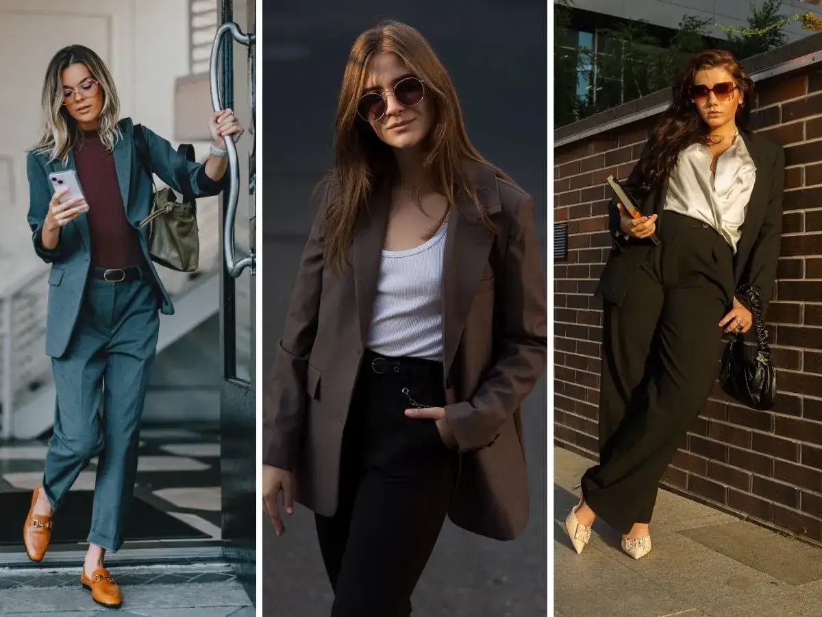 Trzy kobiety prezentują stylowe zestawy: garnitur z marynarką, biały top i czarne spodnie, satynowa bluzka i szerokie spodnie. To inspiracje na ootd co to znaczy.