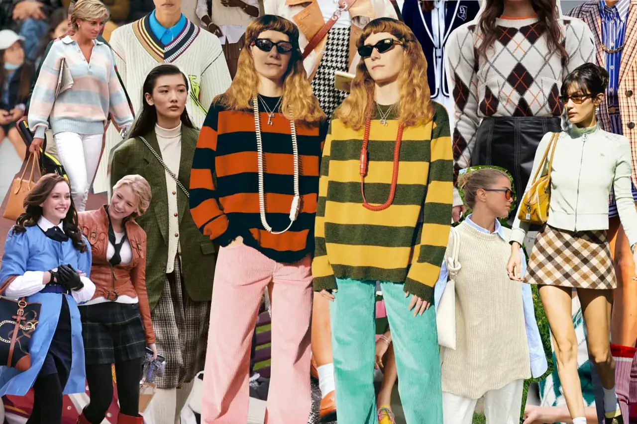 Kolekcja stylizacji w stylu preppy: swetry w paski, kratka, romby i pastelowe kolory.