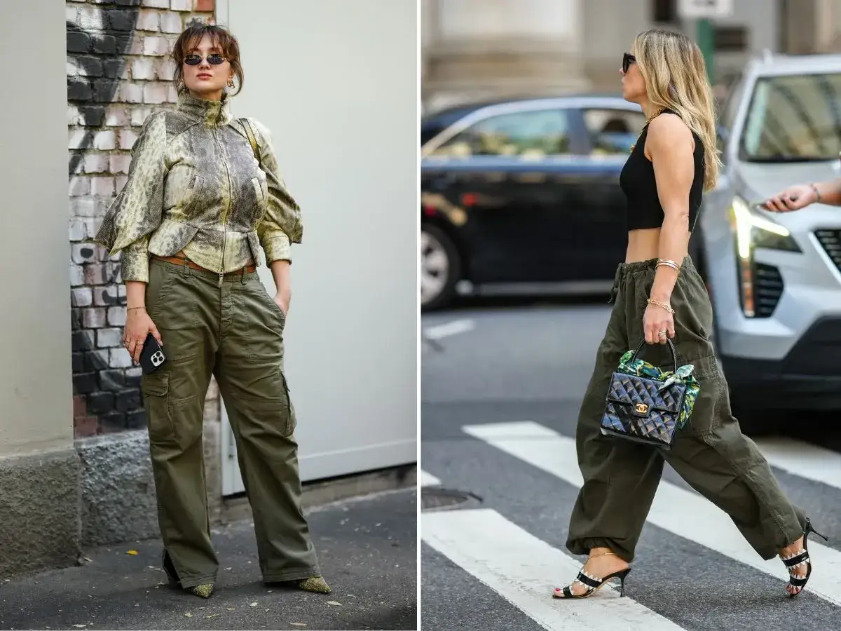 Dwie kobiety w spodniach cargo w kolorze khaki. Ten kolor to kwintesencja stylu cargo, idealny na miejskie przygody.