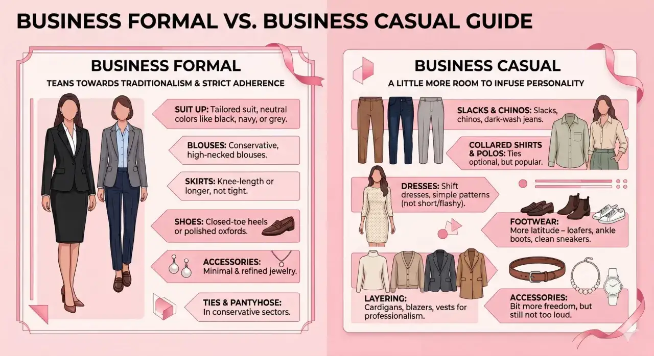 Przewodnik po dress code: biznesowy formalny vs. casual. Ilustracje pokazują przykłady strojów, od garniturów po luźniejsze zestawy.