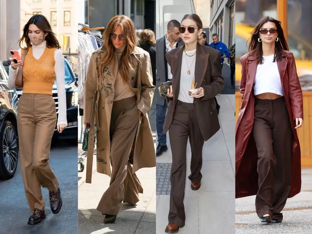 Kendall Jenner, Jennifer Lopez, Gigi Hadid i Emily Ratajkowski w stylizacjach w odcieniach brązowego koloru.