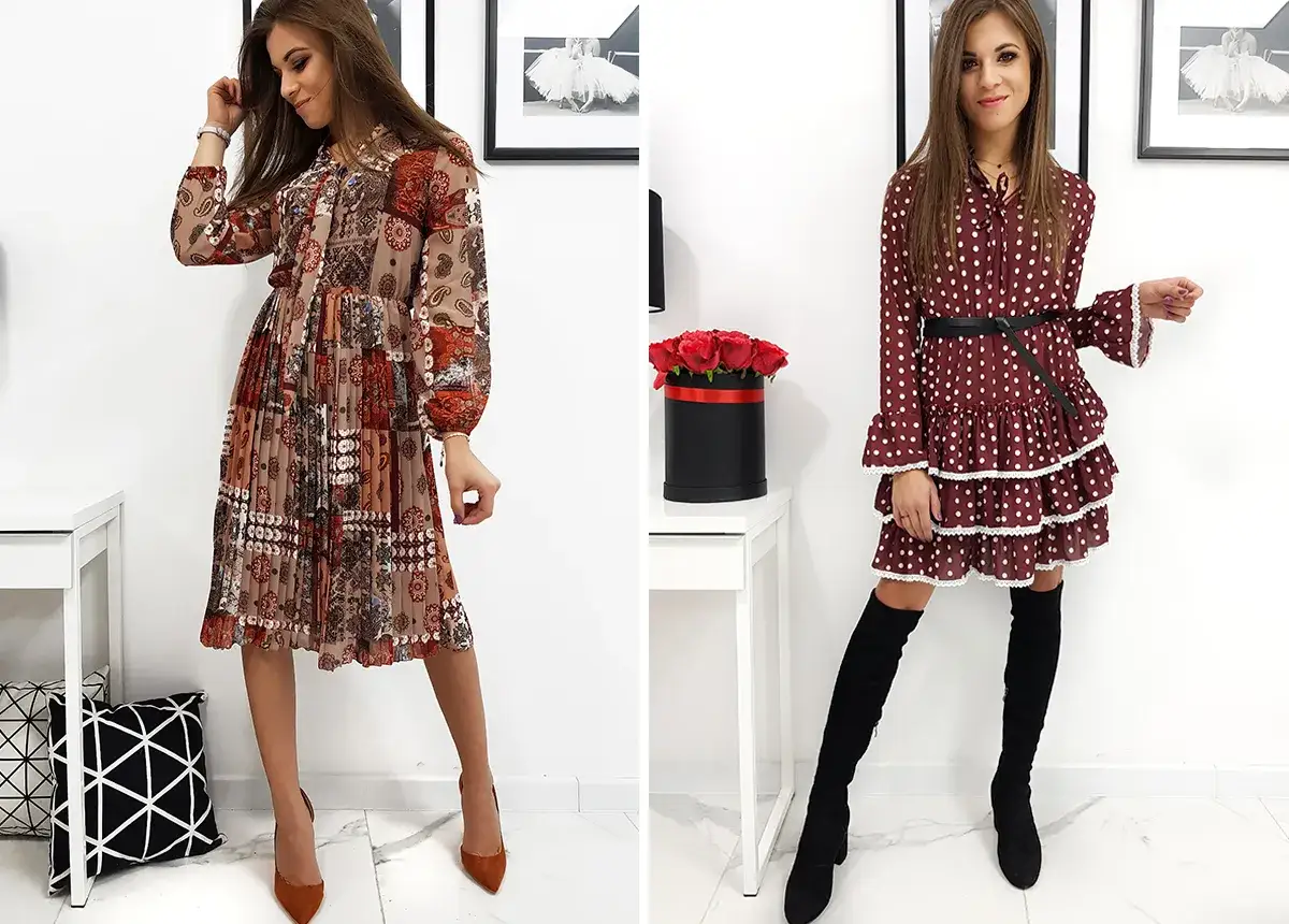 Elegancka tradwife w sukience w stylu boho i w grochy.