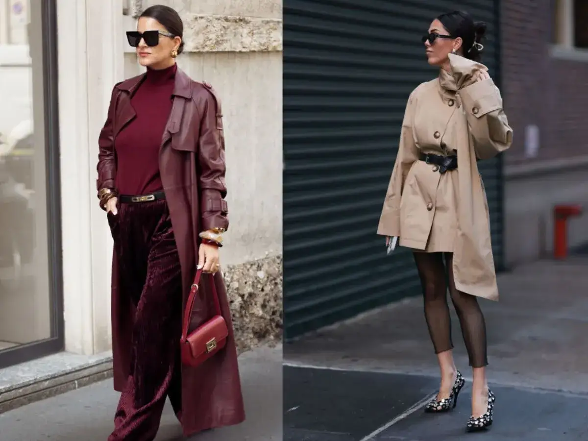 Elegancka kobieta w płaszczu w kolorze burgundowym i bordowych sztruksach. Obok druga w beżowym trenczu i czarnych rajstopach.
