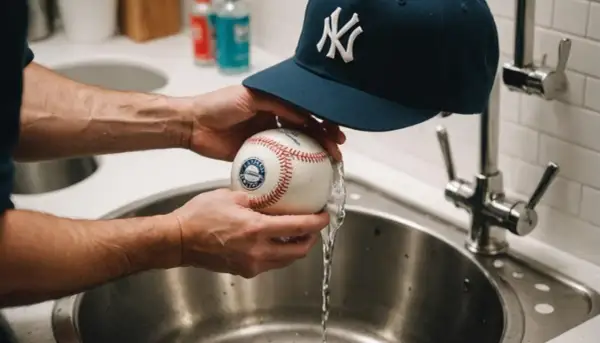 Ręce płuczą piłkę baseballową pod bieżącą wodą, przygotowując się do tego, jak prać czapkę z daszkiem.