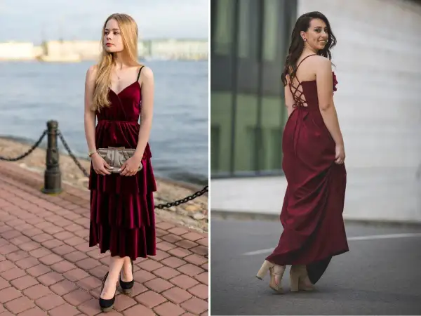 Dwie kobiety w bordowych sukienkach. Jedna w welurowej midi z czarnymi szpilkami, druga w długiej z gorsetowym tyłem i beżowymi sandałkami. Jakie buty do bordowej sukienki? Oto inspiracje.