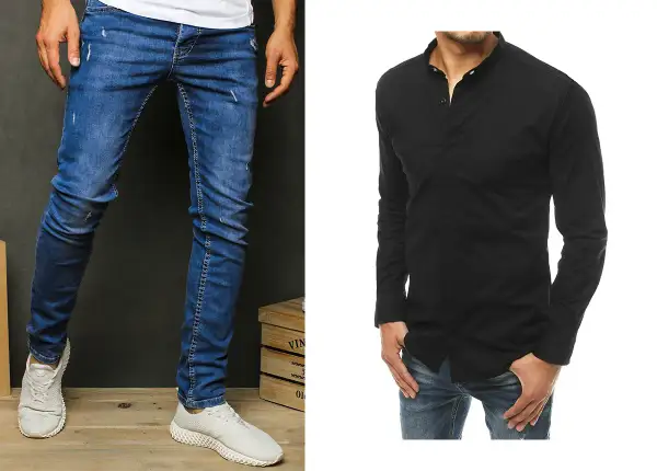 Idealne połączenie: jakie spodnie do czarnej koszuli? Dopasowane, lekko przetarte jeansy i białe sneakersy tworzą stylowy, casualowy look.